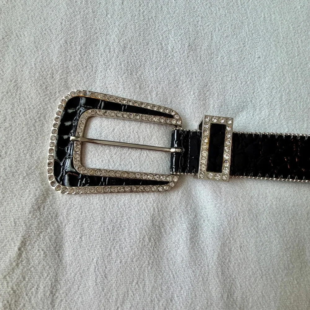 Western Faux Croc Rhinestone Buckle Belt Black Patent 99704 BP